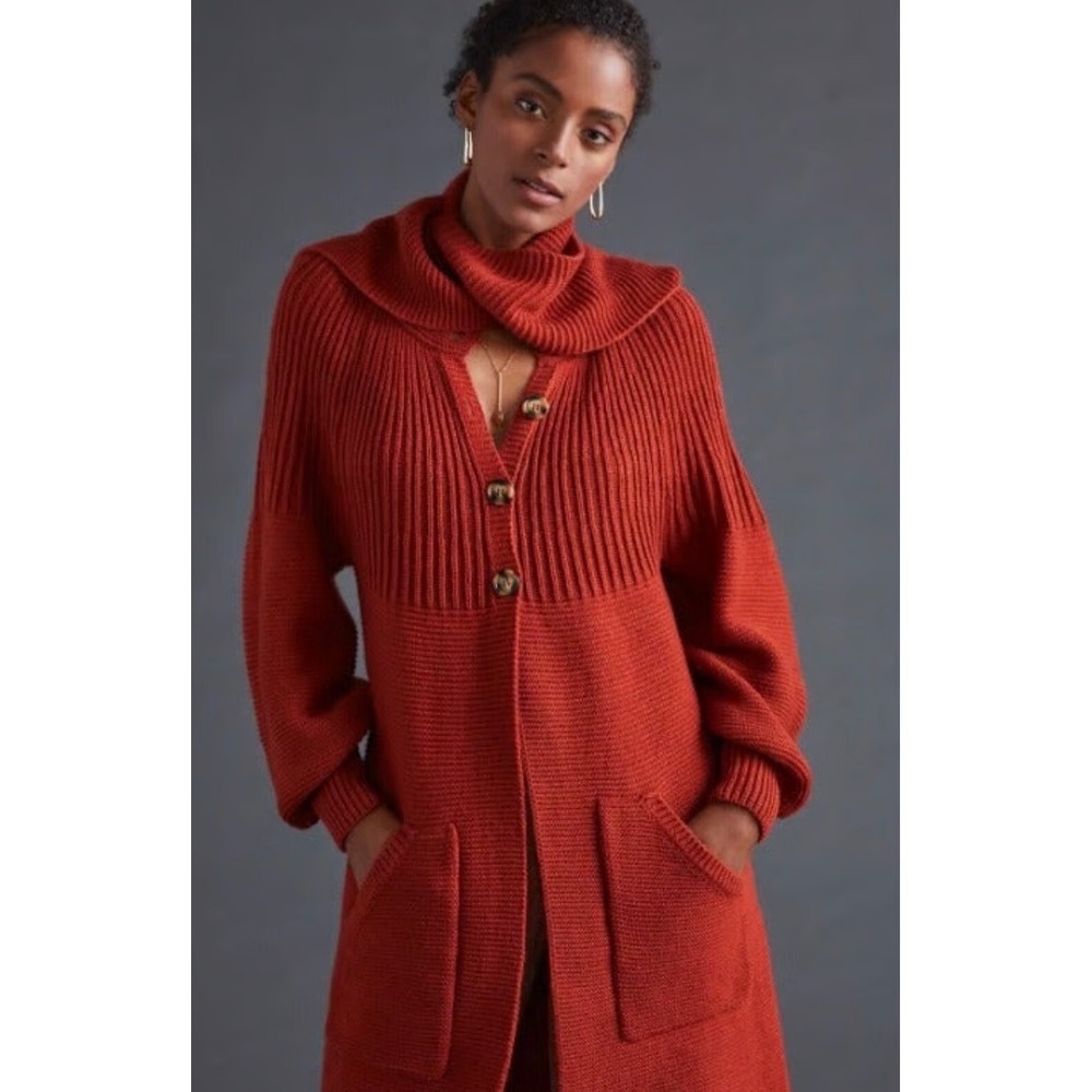 NWT Anthropologie Tiny Rust Orange Knit Sweater Coat Scarf Collar Academia Small